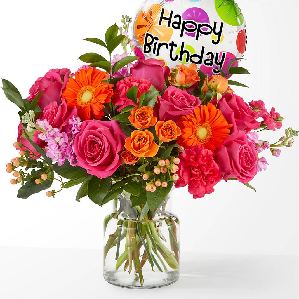 Fiesta Bouquet with Birthday Balloon – East City Flower Shop, Peterborough ON