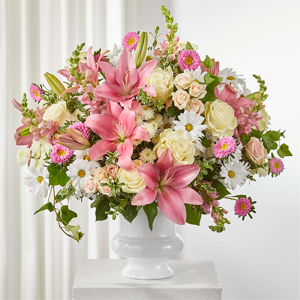 Empathetic Blooms Urn Arrangement – East City Flower Shop, Peterborough ON
